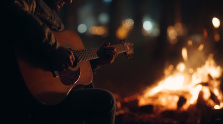 Strumming guitar by the warm campfire under the stars on a cool nightの素材