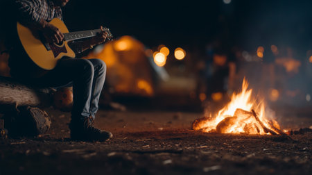 Playing guitar by a campfire under the night sky creating a warm and inviting atmosphereの素材