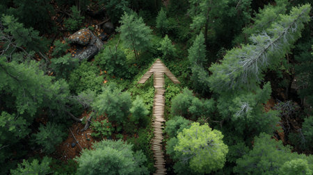 Forest pathway forms upward arrow shape symbolizing growth and direction in natureの素材