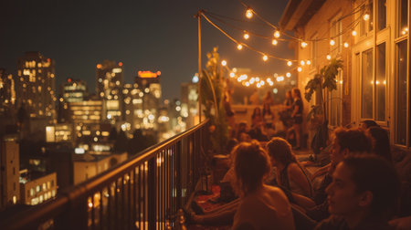 Enjoying a lively rooftop party with friends under city lights at nightの素材