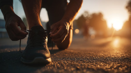 Runners tie shoes in early morning light before marathon startの素材