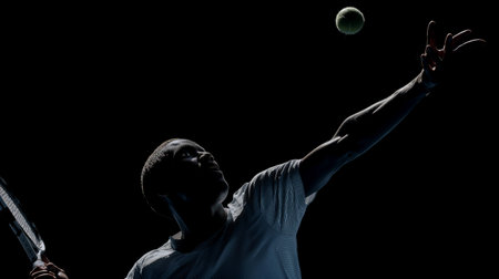 Player serves in dramatic backlight during a competitive tennis match at duskの素材