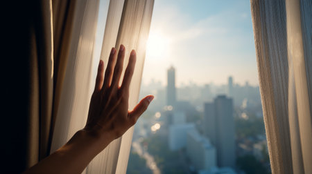 Revealing a panoramic city view as sunlight streams through open curtains in the early morningの素材