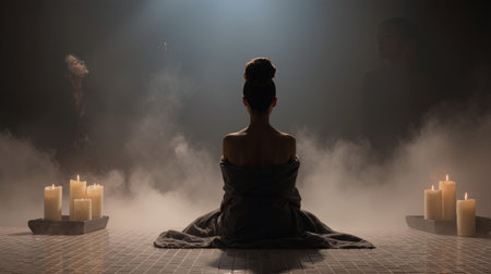 Enjoying a peaceful spa experience surrounded by candles and soothing steam in a serene settingの素材