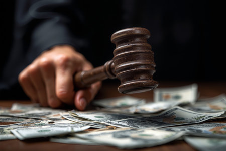 Judges hand holding wooden gavel over pile of cash in courtroom setting during a legal proceedingの素材