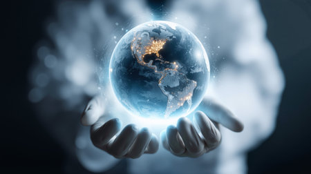 Scientist holds glowing holographic globe showcasing Earth in a modern laboratoryの素材