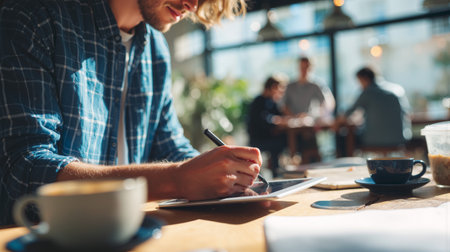 Sketching startup idea on tablet while enjoying coffee in a bright and modern cafe setting with people working nearbyの素材