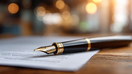 Pen signs financial document on a wooden desk in a bright office setting during the dayの素材