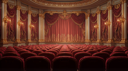 Luxurious classic theater setting with rich red velvet and ornate details before the curtain rises on a performanceの素材