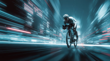 Racer speeds through a futuristic digital city at night, showcasing agility and precision in motionの素材