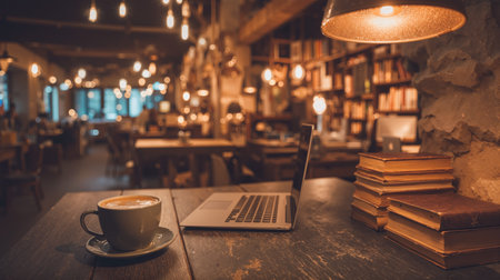 Cozy coffee shop scene with warm lighting, laptop, and books creating a perfect workspace atmosphereの素材