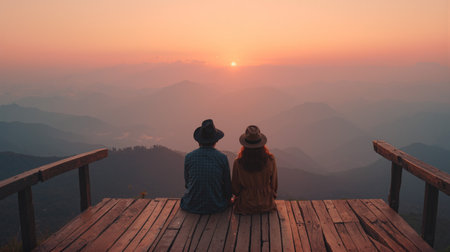 Couple watches sunset from mountain viewpoint overlooking misty valleys and distant peaksの素材