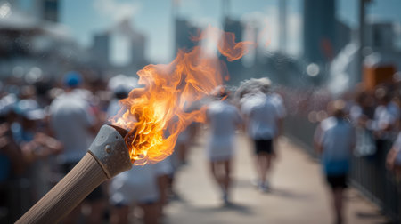 Olympic torch flame burns brightly during a celebration in a bustling urban settingの素材