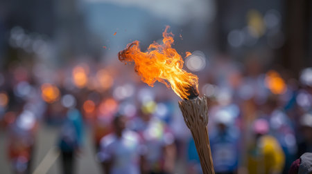 Bright Olympic torch flame blurs against a vibrant crowd during the torch relay event on a sunny dayの素材