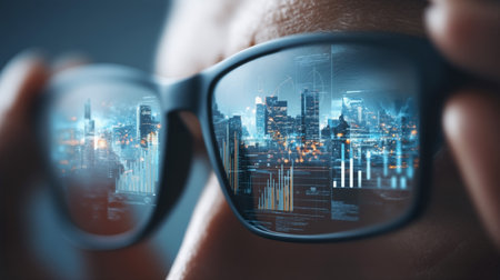 Skyline outlines reflected in business professionals eyeglasses during evening city viewの素材
