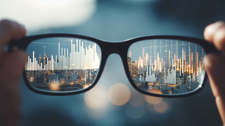 Business professional showcases a skyline reflection in eyeglasses while analyzing data in a modern urban environmentの素材