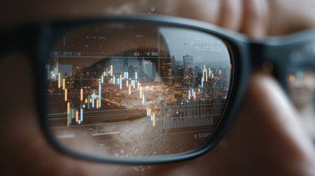 Business professional with skyline reflection in eyeglasses during evening work hours in a bustling cityの素材