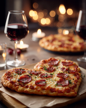 Heart-shaped pizza garnished with pepperoni served alongside wine glasses in a cozy setting during a romantic dinnerの素材