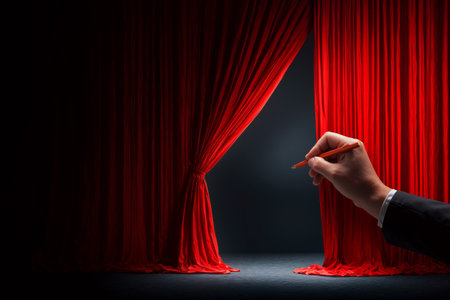 Hand drawing open red curtain revealing hidden scene in a darkened spaceの素材