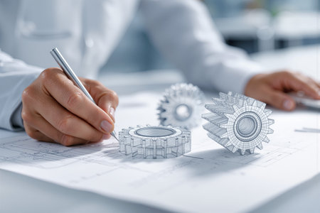 Engineer sketches gearbox blueprint while surrounded by design models in a bright workspaceの素材