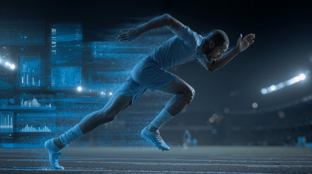 Soccer player sprinting at night on illuminated field with digital effects enhancing speed and performanceの素材
