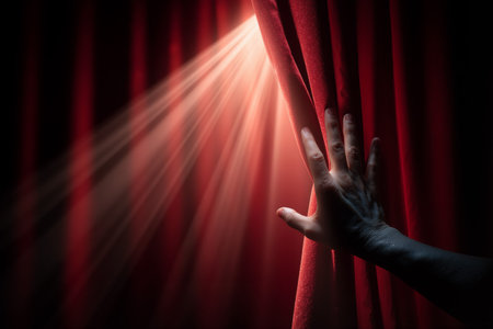 Hand pulls back red velvet curtain to reveal bright light behind in a dimly lit spaceの素材