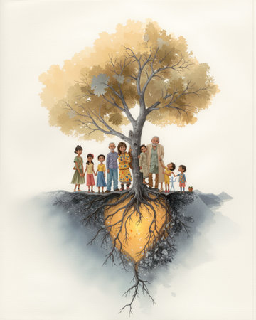 Beautiful tree growing from a glowing heart in the soil surrounded by children and families celebrating lifeの素材