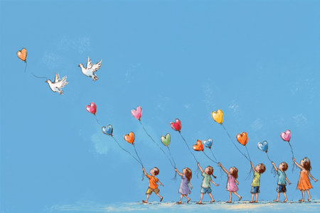 Colorful heart-shaped balloons released by children while doves fly in the blue sky during a sunny dayの素材