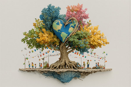 Artistic tree with colorful leaves and heart-shaped globe contrasted against dry soil, symbolizing environmental harmonyの素材