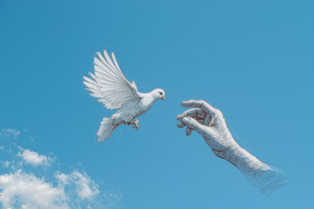 Hand releases a white dove into the clear blue sky during a peaceful moment under the sunlightの素材