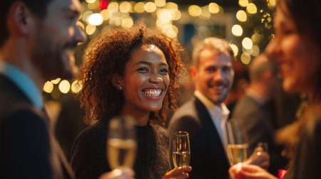 Business professionals enjoy a joyful moment together at a corporate eventの素材