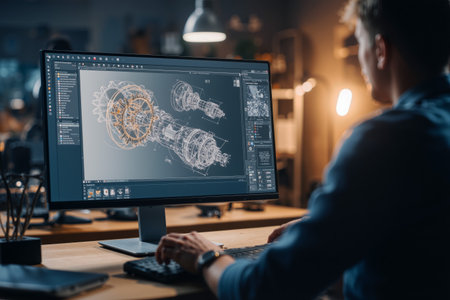 Engineer designing mechanical components in a modern workspace with digital tools and lightingの素材