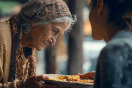 Volunteer shares a warm meal with an elderly woman in a community setting during the afternoonの素材