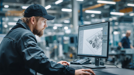 Industrial engineer analyzes designs in modern manufacturing facility during working hoursの素材