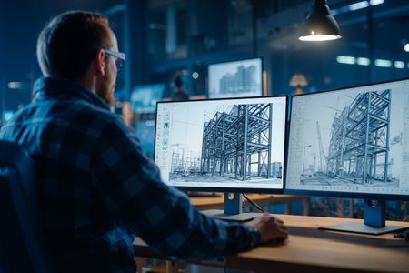 Industrial engineer designs steel structures while working on dual monitors in a modern office settingの素材
