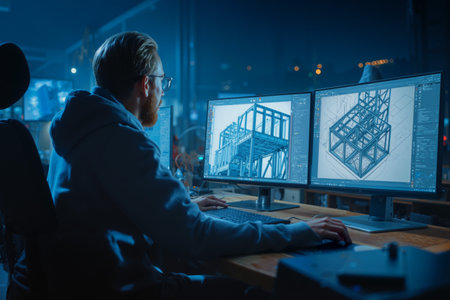 Industrial engineer designs steel structures in a modern workspace at night using computer softwareの素材