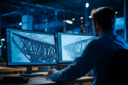 Industrial engineer designing steel structures in a modern workspace during evening hours with advanced software and multiple monitorsの素材