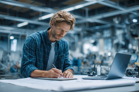Male engineer sketches technical designs in a busy workshop while focused on his task during daylight hoursの素材