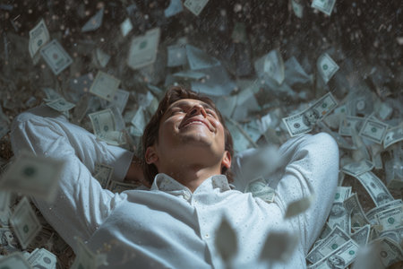 Man smiling while lying on a pile of money with bills raining down in a playful and joyful sceneの素材