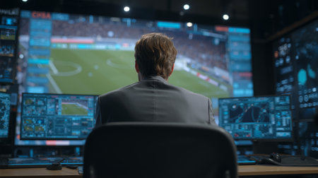 Soccer analyst reviews player performance using advanced technology in broadcast studioの素材