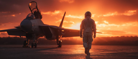 US Air Force pilot approaches jet on the tarmac during a dramatic sunsetの素材
