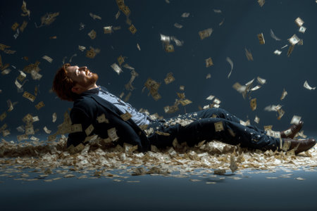 Man smiling while lying in a rain of money, enjoying a moment of joy and wealth in a studio settingの素材