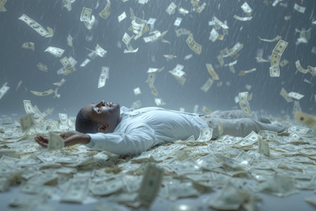 Man smiles joyfully while lying in a shower of cash in a creative studio settingの素材