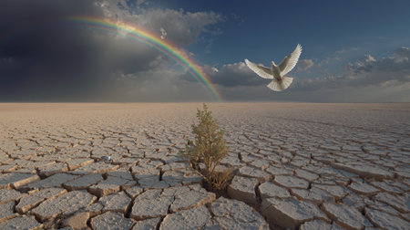 Rainbow grows from dry desert earth with a bird soaring in the sky at duskの素材
