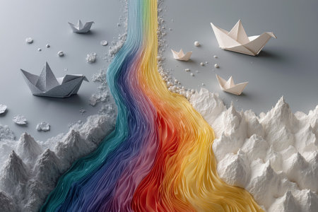 Bright rainbow river flows between white mountains with simple grey origami boats in a serene landscapeの素材