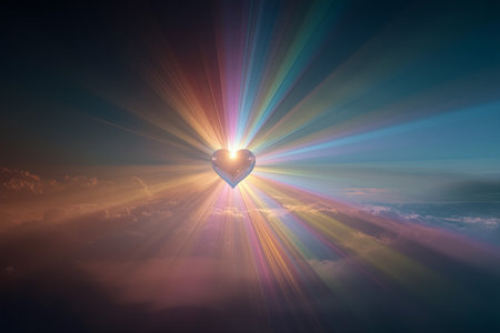 Glowing heart in the sky radiates colorful beams during a stunning sunset above the cloudsの素材