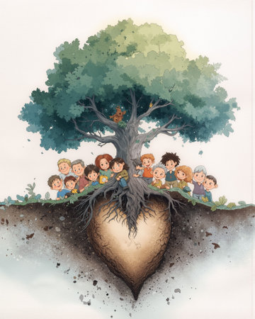 Large tree blooms from a glowing heart in the soil surrounded by joyful children in a vibrant sceneの素材