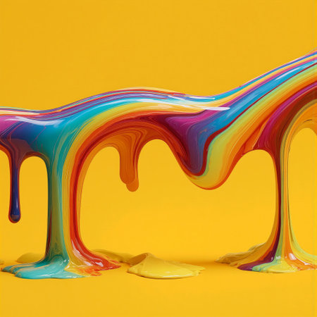 Dripping rainbow paint creates vibrant waves on a bright yellow background in a lively art settingの素材