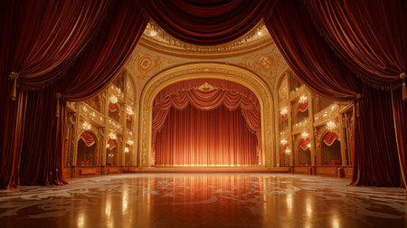 Elegant theater interior with rich curtains and detailed decor showcasing a dramatic stage setting for performancesの素材