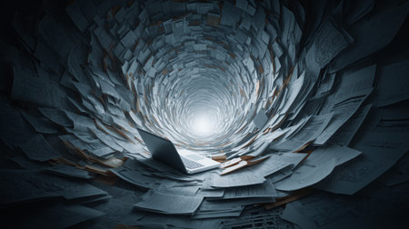 Laptop lost in a spiral tunnel filled with scattered papers in a digital chaos environmentの素材
